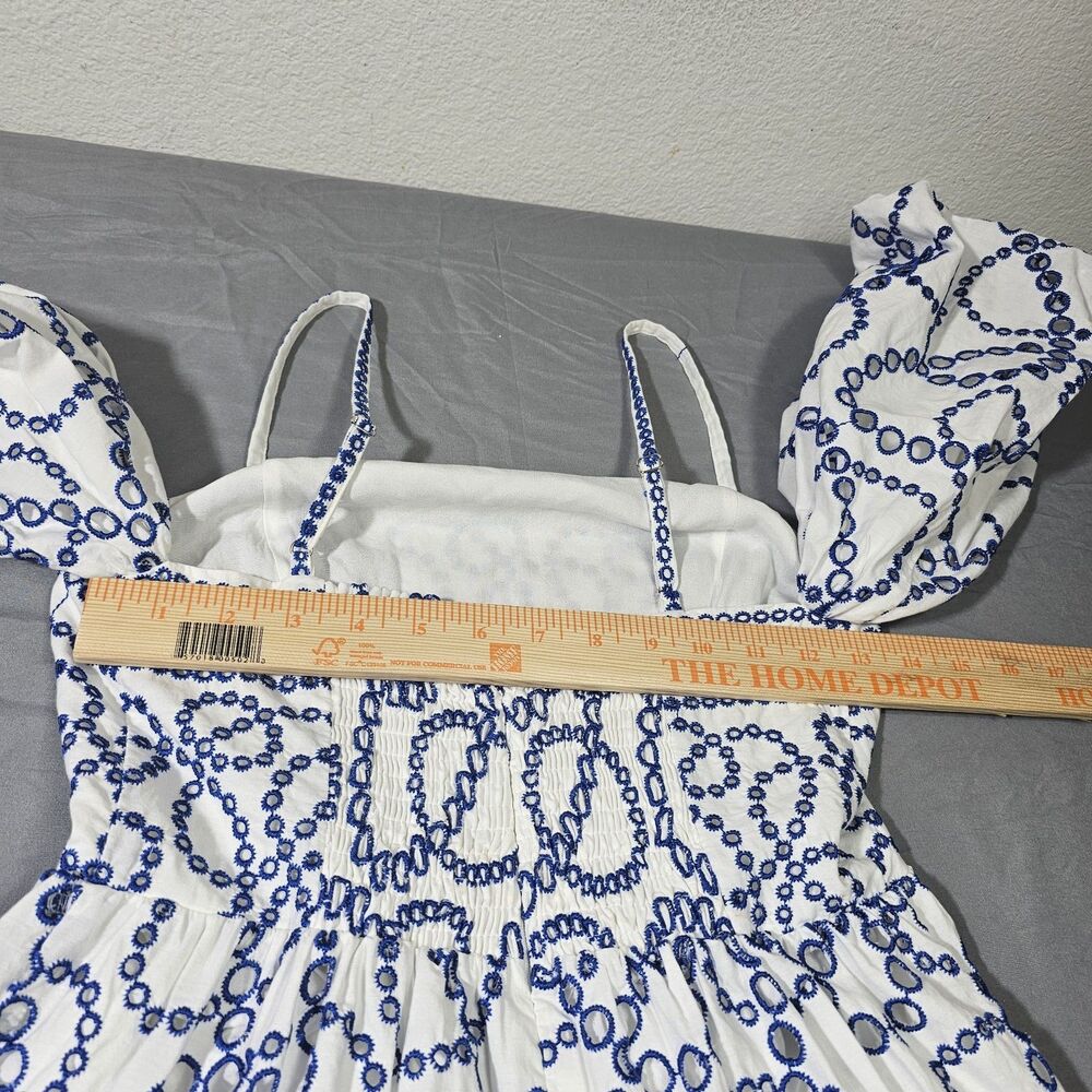 Anthropologie Blue White Eyelet Smocked Puff Sleeve Maxi Dress Sz XS Cotton - Picture 6 of 12